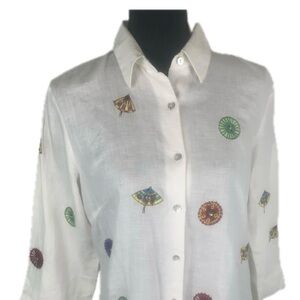 Richard Malcomb Irish Linen Womens Cream‎ Embroidered Button Up Top Size M